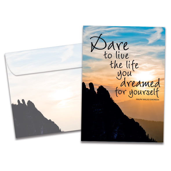 The cover of Tree-Free's Dare to Live card, along with its matching envelope.