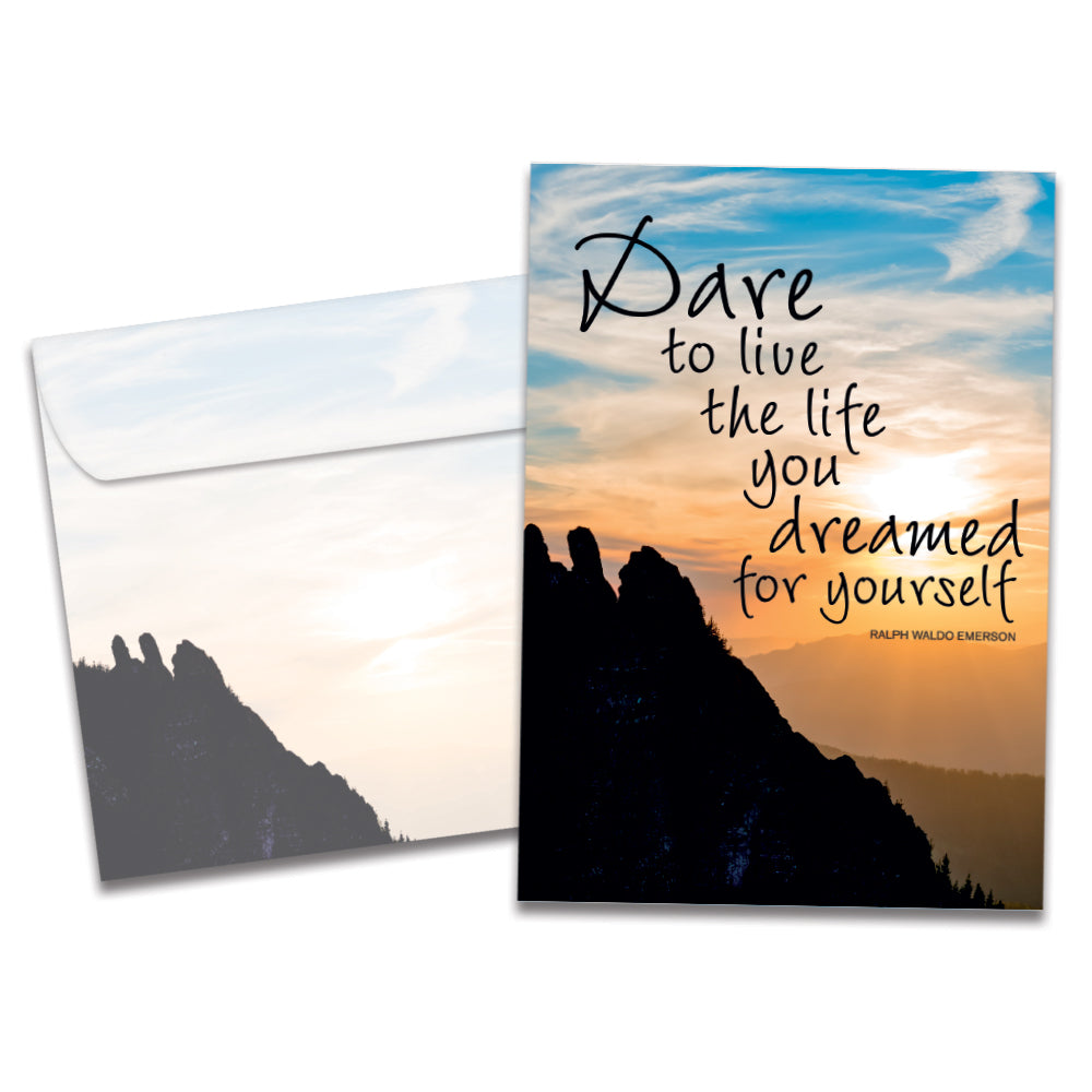 The cover of Tree-Free's Dare to Live card, along with its matching envelope.