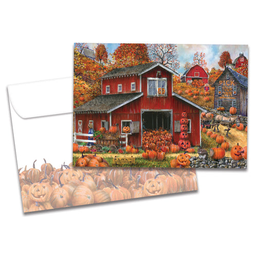 The cover of Tree-Free's Piled High Pumpkin Thanksgiving Card card, along with its matching envelope.