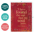 Load image into Gallery viewer, The cover of Tree-Free’s I Have Found The One Love Card card with lines demonstrating its 5x7 dimensions, along with the following text: “100% PCW recycled paper, proudly made in the USA, sustainably printed on extra-thick card stock”
