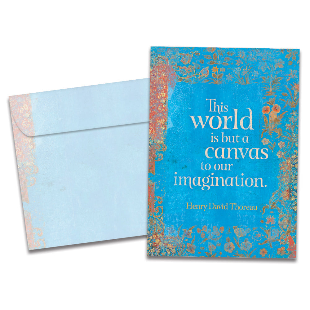 The cover of Tree-Free's The World is But a Canvas card, along with its matching envelope.