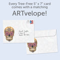 Load image into Gallery viewer, The envelope for Tree-Free’s Sugar Skull Paisley card, along with the following text: “Every Tree-Free 5x7 card comes with a matching ARTvelope!”
