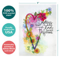 Load image into Gallery viewer, The cover of Tree-Free’s Mother Heart card with lines demonstrating its 5x7 dimensions, along with the following text: “100% PCW recycled paper, proudly made in the USA, sustainably printed on extra-thick card stock”
