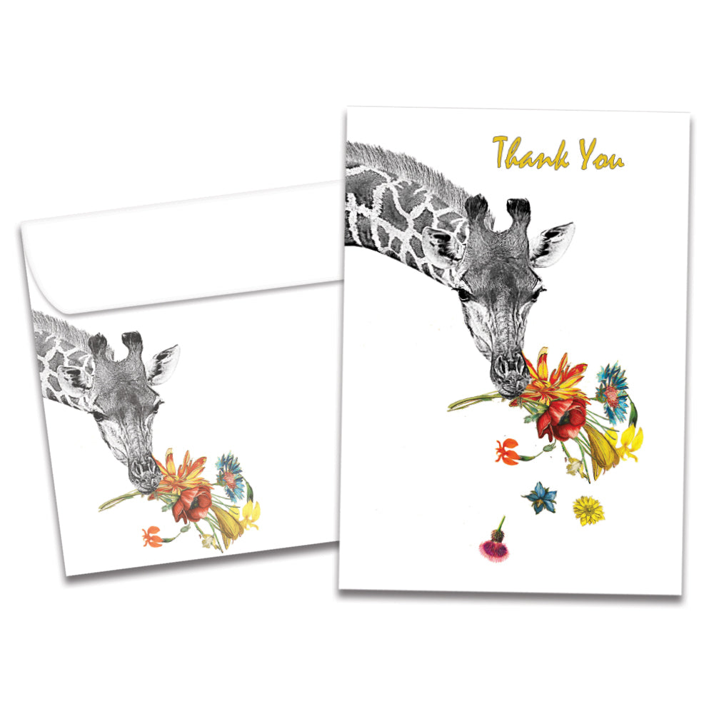 The cover of Tree-Free's Floral Giraffe Thanks card, along with its matching envelope.