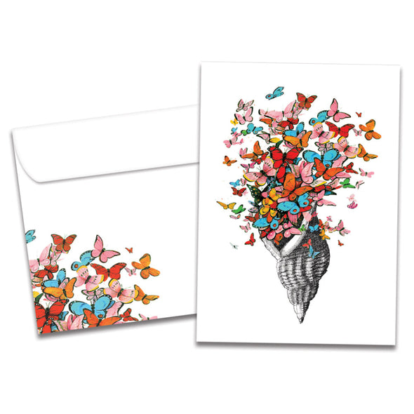 The cover of Tree-Free's Shell Of Joy card, along with its matching envelope.