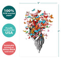 Load image into Gallery viewer, The cover of Tree-Free’s Shell Of Joy card with lines demonstrating its 5x7 dimensions, along with the following text: “100% PCW recycled paper, proudly made in the USA, sustainably printed on extra-thick card stock”
