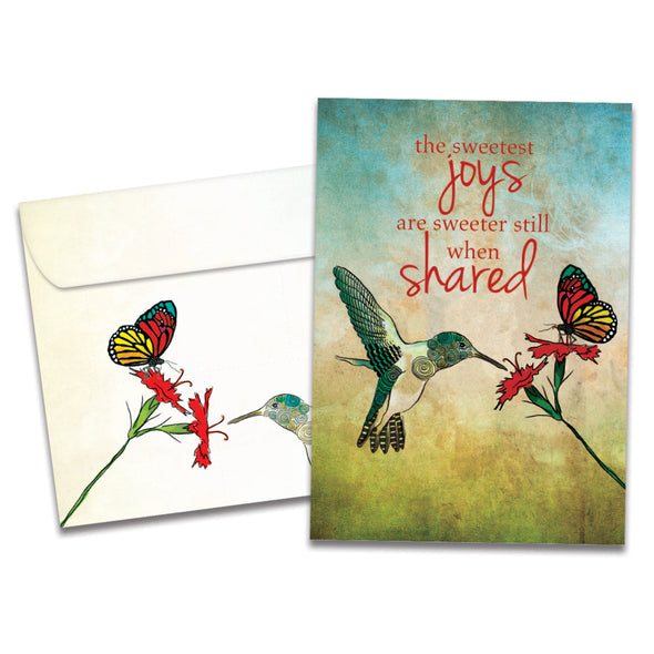 The cover of Tree-Free's Sweetest Joys card, along with its matching envelope.
