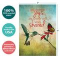 Load image into Gallery viewer, The cover of Tree-Free’s Sweetest Joys card with lines demonstrating its 5x7 dimensions, along with the following text: “100% PCW recycled paper, proudly made in the USA, sustainably printed on extra-thick card stock”
