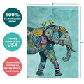 Load image into Gallery viewer, The cover of Tree-Free’s Elephant And Yellowbirds card with lines demonstrating its 5x7 dimensions, along with the following text: “100% PCW recycled paper, proudly made in the USA, sustainably printed on extra-thick card stock”
