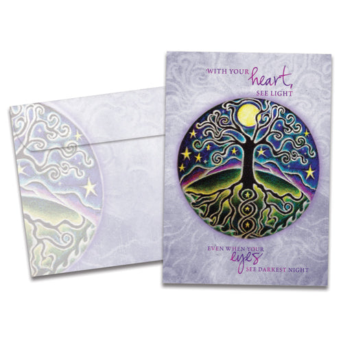 The cover of Tree-Free's Tree Of Life And Light Support Card card, along with its matching envelope.