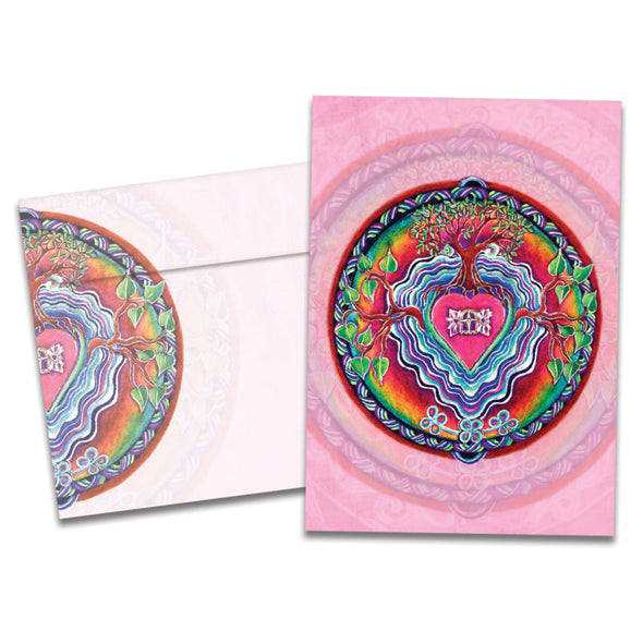 The cover of Tree-Free's Window To The Heart Mandala Love Card card, along with its matching envelope.