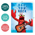 Load image into Gallery viewer, The cover of Tree-Free’s Dad Rocks card with lines demonstrating its 5x7 dimensions, along with the following text: “100% PCW recycled paper, proudly made in the USA, sustainably printed on extra-thick card stock”
