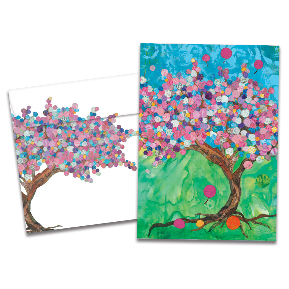 Cover of Balloon Tree Birthday card (featuring artwork of a tree with colorful balloon-shaped leaves) and its matching envelope