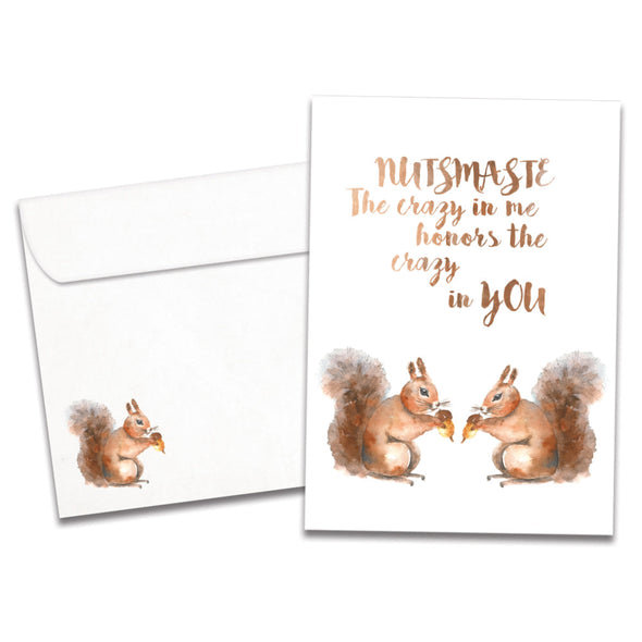 The cover of Tree-Free's Nutsmaste Friendship Card card, along with its matching envelope.