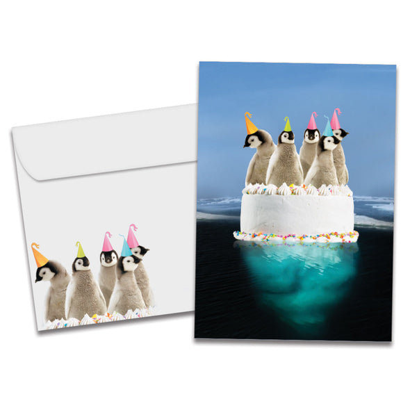 The cover of Tree-Free's Penguin Cake card, along with its matching envelope.