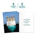 Load image into Gallery viewer, The cover and inside of Tree-Free’s Penguin Cake card, along with the following text: “1 greeting card, 1 matching envelope”

