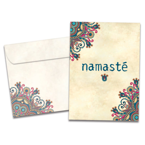 The cover of Tree-Free's Namaste All Occasion Card card, along with its matching envelope.