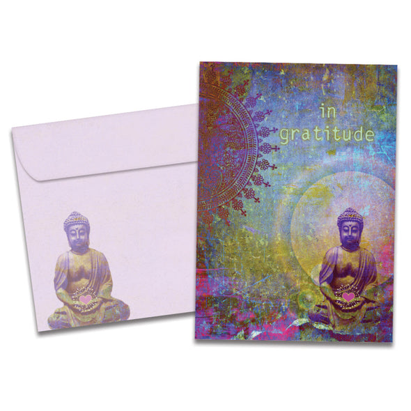 The cover of Tree-Free's Gratitude Buddha Thank You Card card, along with its matching envelope.