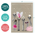 Load image into Gallery viewer, The cover of Tree-Free’s Bird Brained Birthday card with lines demonstrating its 5x7 dimensions, along with the following text: “100% PCW recycled paper, proudly made in the USA, sustainably printed on extra-thick card stock”
