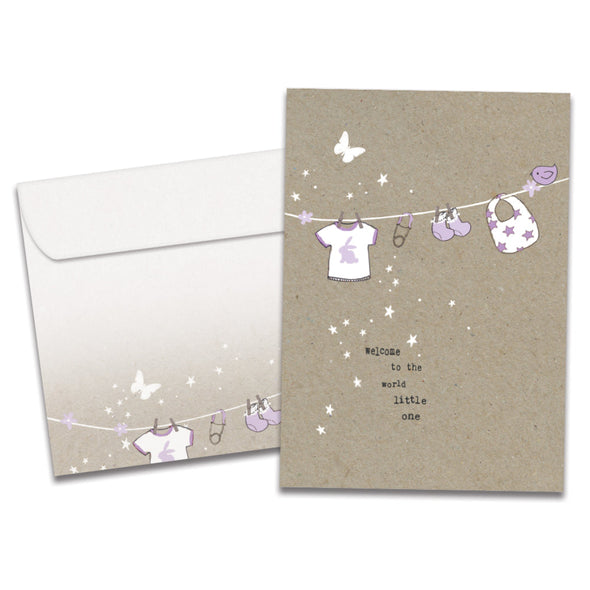 The cover of Tree-Free's Welcome to the World card, along with its matching envelope.