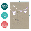 Load image into Gallery viewer, The cover of Tree-Free’s Welcome to the World card with lines demonstrating its 5x7 dimensions, along with the following text: “100% PCW recycled paper, proudly made in the USA, sustainably printed on extra-thick card stock”
