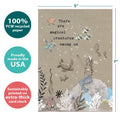 Load image into Gallery viewer, The cover of Tree-Free’s Magical Creatures card with lines demonstrating its 5x7 dimensions, along with the following text: “100% PCW recycled paper, proudly made in the USA, sustainably printed on extra-thick card stock”
