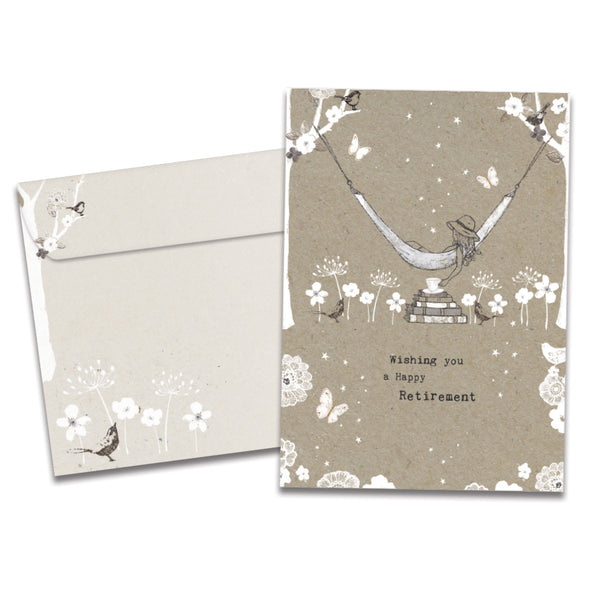 The cover of Tree-Free's Happy Retirement Retirement Card card, along with its matching envelope.