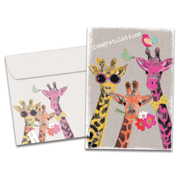 The cover of Tree-Free's Proud Giraffes card, along with its matching envelope.