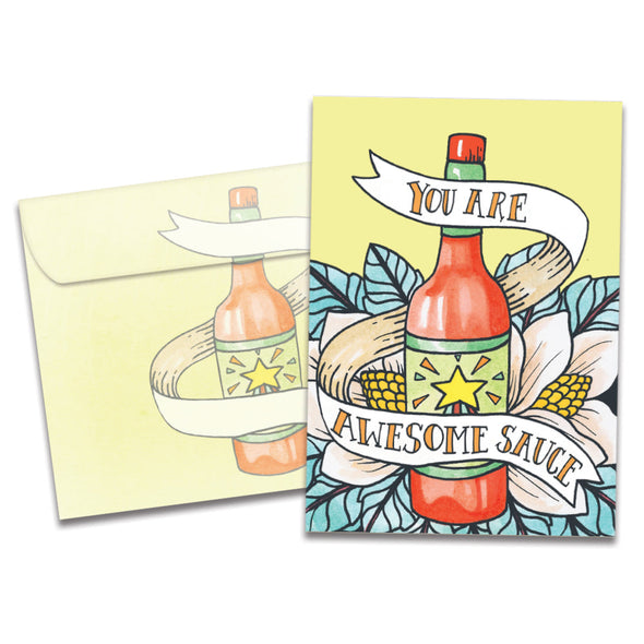 The cover of Tree-Free's Awesome Sauce Birthday card, along with its matching envelope.