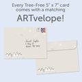Load image into Gallery viewer, The envelope for Tree-Free’s Balancing Penguins card, along with the following text: “Every Tree-Free 5x7 card comes with a matching ARTvelope!”
