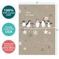 Load image into Gallery viewer, The cover of Tree-Free’s Balancing Penguins card with lines demonstrating its 5x7 dimensions, along with the following text: “100% PCW recycled paper, proudly made in the USA, sustainably printed on extra-thick card stock”
