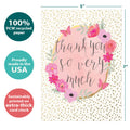 Load image into Gallery viewer, The cover of Tree-Free’s Boho Thank You card with lines demonstrating its 5x7 dimensions, along with the following text: “100% PCW recycled paper, proudly made in the USA, sustainably printed on extra-thick card stock”
