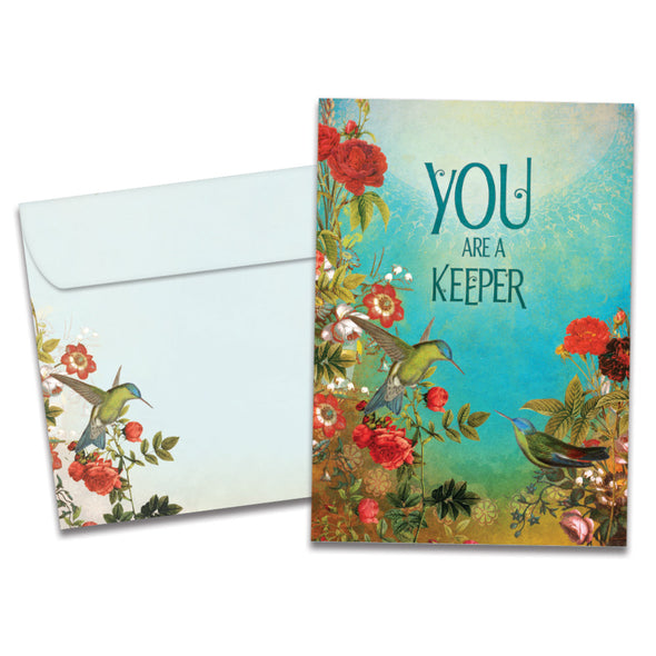 The cover of Tree-Free's Keeper Anniversary card, along with its matching envelope.