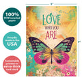 Load image into Gallery viewer, The cover of Tree-Free’s Who You Are card with lines demonstrating its 5x7 dimensions, along with the following text: “100% PCW recycled paper, proudly made in the USA, sustainably printed on extra-thick card stock”
