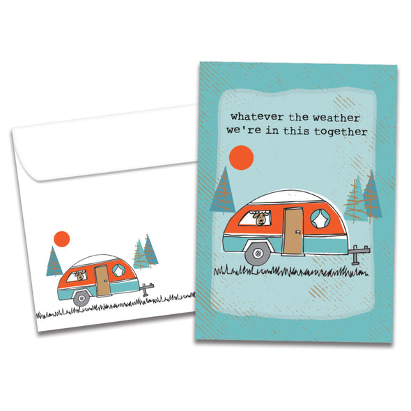 The cover of Tree-Free's How We Roll Friendship Card card, along with its matching envelope.