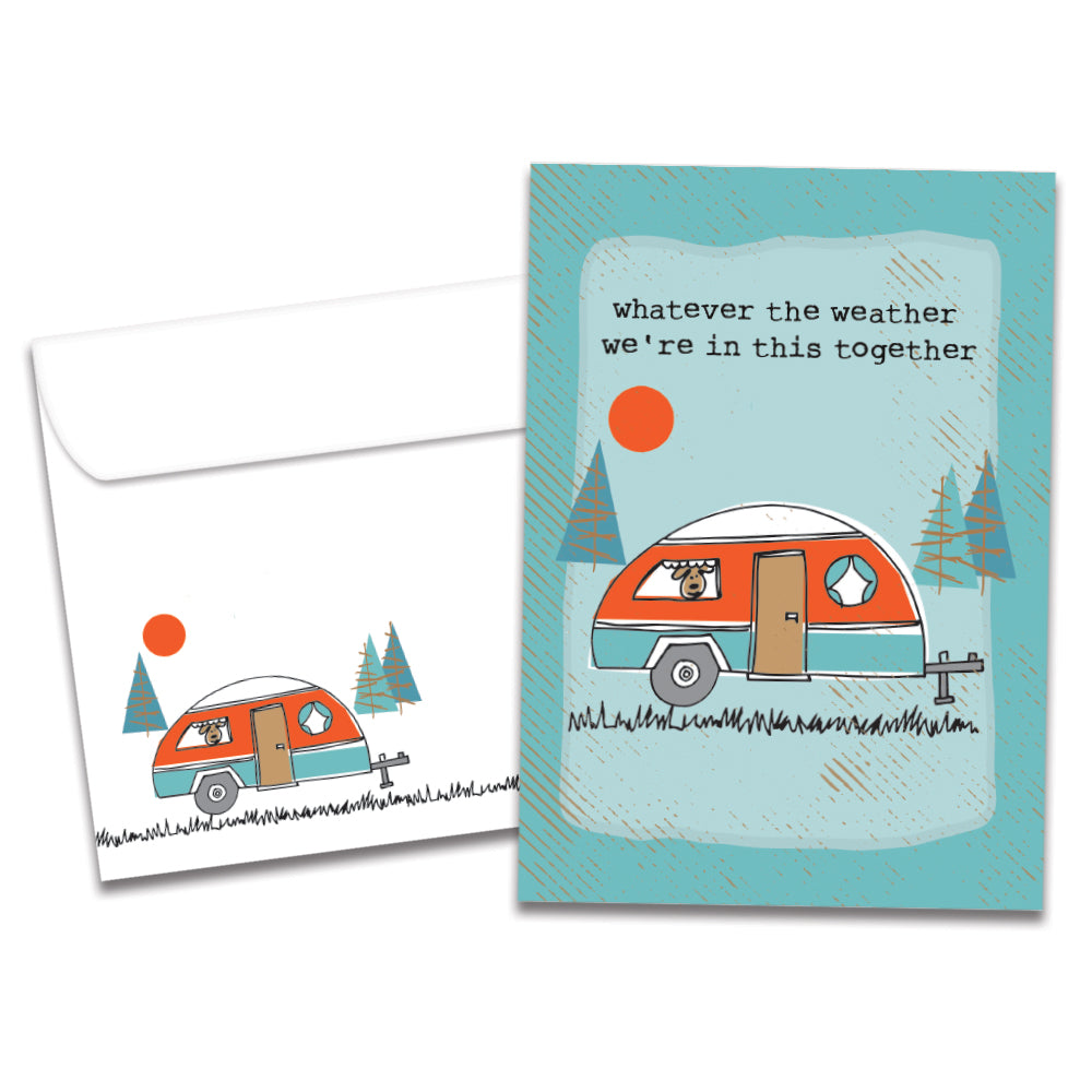 The cover of Tree-Free's How We Roll Friendship Card card, along with its matching envelope.