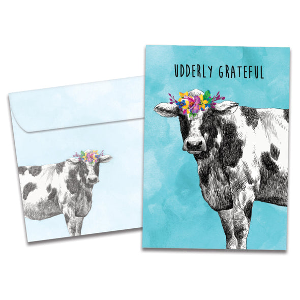 The cover of Tree-Free's Udderly Grateful card, along with its matching envelope.