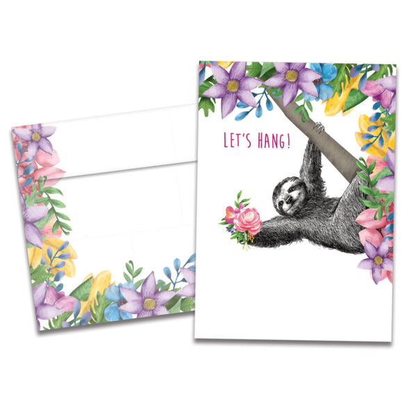 The cover of Tree-Free's Let's Hang Love Card card, along with its matching envelope.