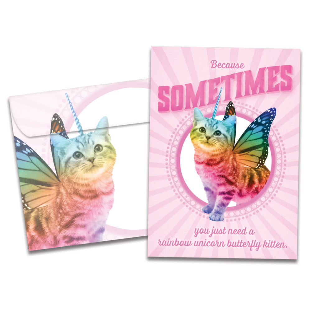 Cover of Rainbow Unicorn All Occasion card (featuring script and serif text above and below artwork of a rainbow-colored cat with a unicorn horn and butterfly wings) and its matching envelope