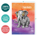 Load image into Gallery viewer, The cover of Tree-Free’s You Rock Elephant card with lines demonstrating its 5x7 dimensions, along with the following text: “100% PCW recycled paper, proudly made in the USA, sustainably printed on extra-thick card stock”
