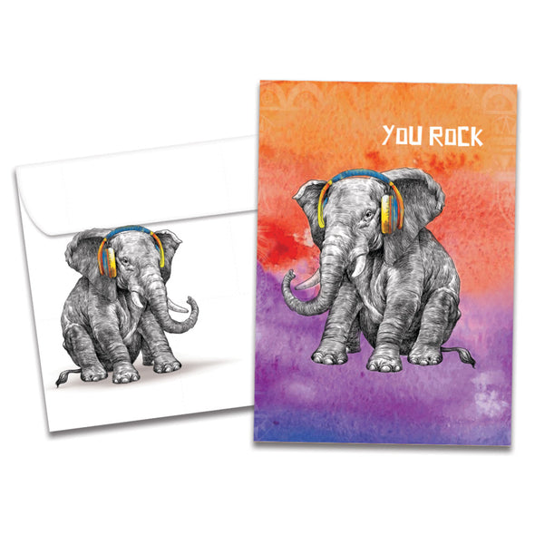 The cover of Tree-Free's You Rock Elephant card, along with its matching envelope.