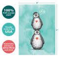 Load image into Gallery viewer, The cover of Tree-Free’s Penguin Pile Thinking Of You Card card with lines demonstrating its 5x7 dimensions, along with the following text: “100% PCW recycled paper, proudly made in the USA, sustainably printed on extra-thick card stock”
