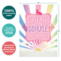 Load image into Gallery viewer, The cover of Tree-Free’s Rainbow Ninja Encouragement Card card with lines demonstrating its 5x7 dimensions, along with the following text: “100% PCW recycled paper, proudly made in the USA, sustainably printed on extra-thick card stock”
