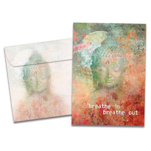 The cover of Tree-Free's Buddha Breath Support Card card, along with its matching envelope.