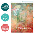 Load image into Gallery viewer, The cover of Tree-Free’s Buddha Breath card with lines demonstrating its 5x7 dimensions, along with the following text: “100% PCW recycled paper, proudly made in the USA, sustainably printed on extra-thick card stock”
