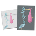 Load image into Gallery viewer, The cover of Tree-Free&#39;s Congrats Stork card, along with its matching envelope.
