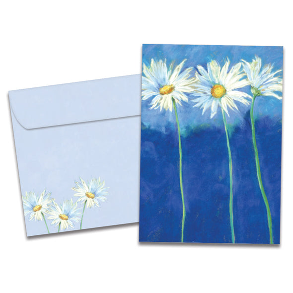 The cover of Tree-Free's Daisies On Blue All Occasion Card card, along with its matching envelope.