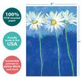 Load image into Gallery viewer, The cover of Tree-Free’s Daisies On Blue card with lines demonstrating its 5x7 dimensions, along with the following text: “100% PCW recycled paper, proudly made in the USA, sustainably printed on extra-thick card stock”
