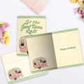 Load image into Gallery viewer, The inside of Tree-Free’s Hippie Camper card, with the cover and envelope in the background.

