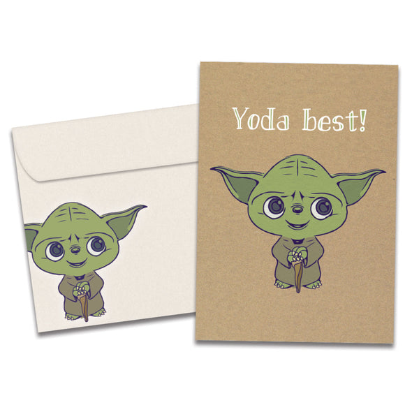 Cover of Yoda Best Thank You card (featuring serif text above artwork of a green alien resembling Yoda from the Star Wars franchise) and its matching envelope